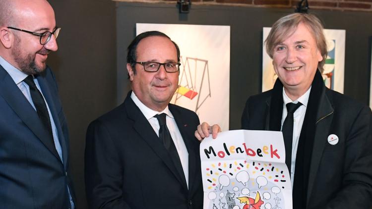 Charles Michel, François Hollande et le dessinateur Plantu.